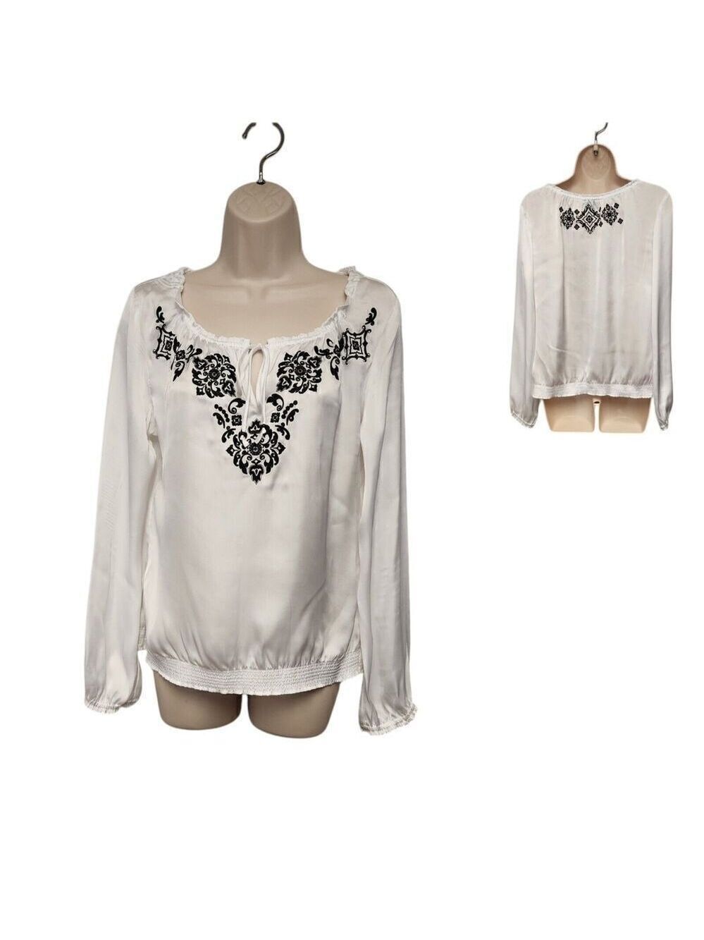 White House Black Market Embroidery Scoop Neck Long Sleeve Blouse White Black S